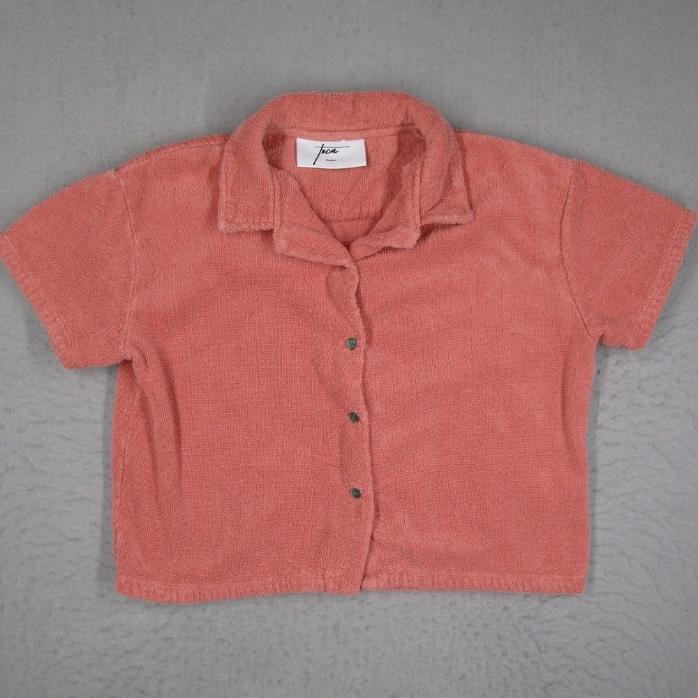 Toca Womens Terry Cloth Button Down Shirt Coral Pink Cotton Crop Top Small